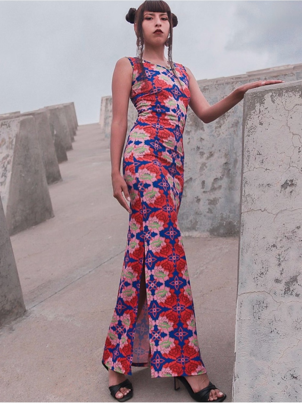 Elias Not Afraid Floral Print Sleeveless Maxi Dress in Red and Blue